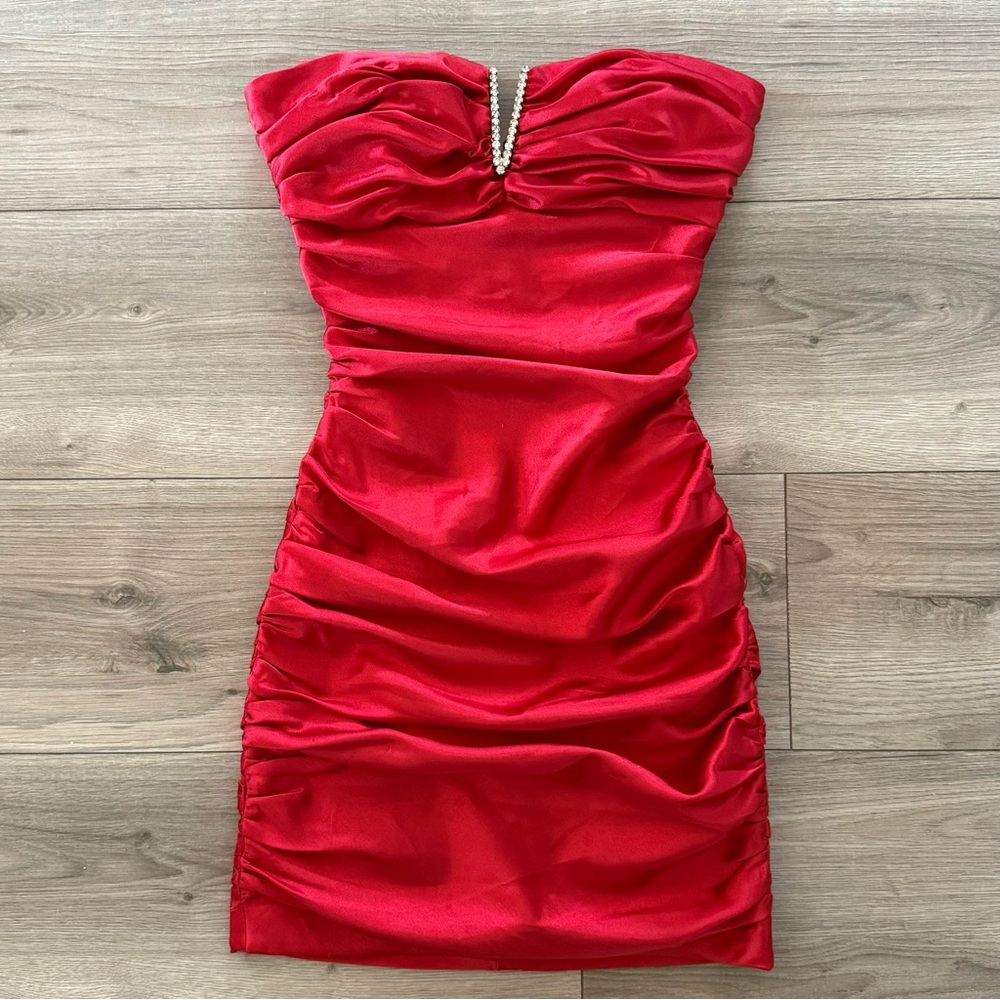 Adrianna Papell Red Ruched Mini Dress Sweetheart Neckline